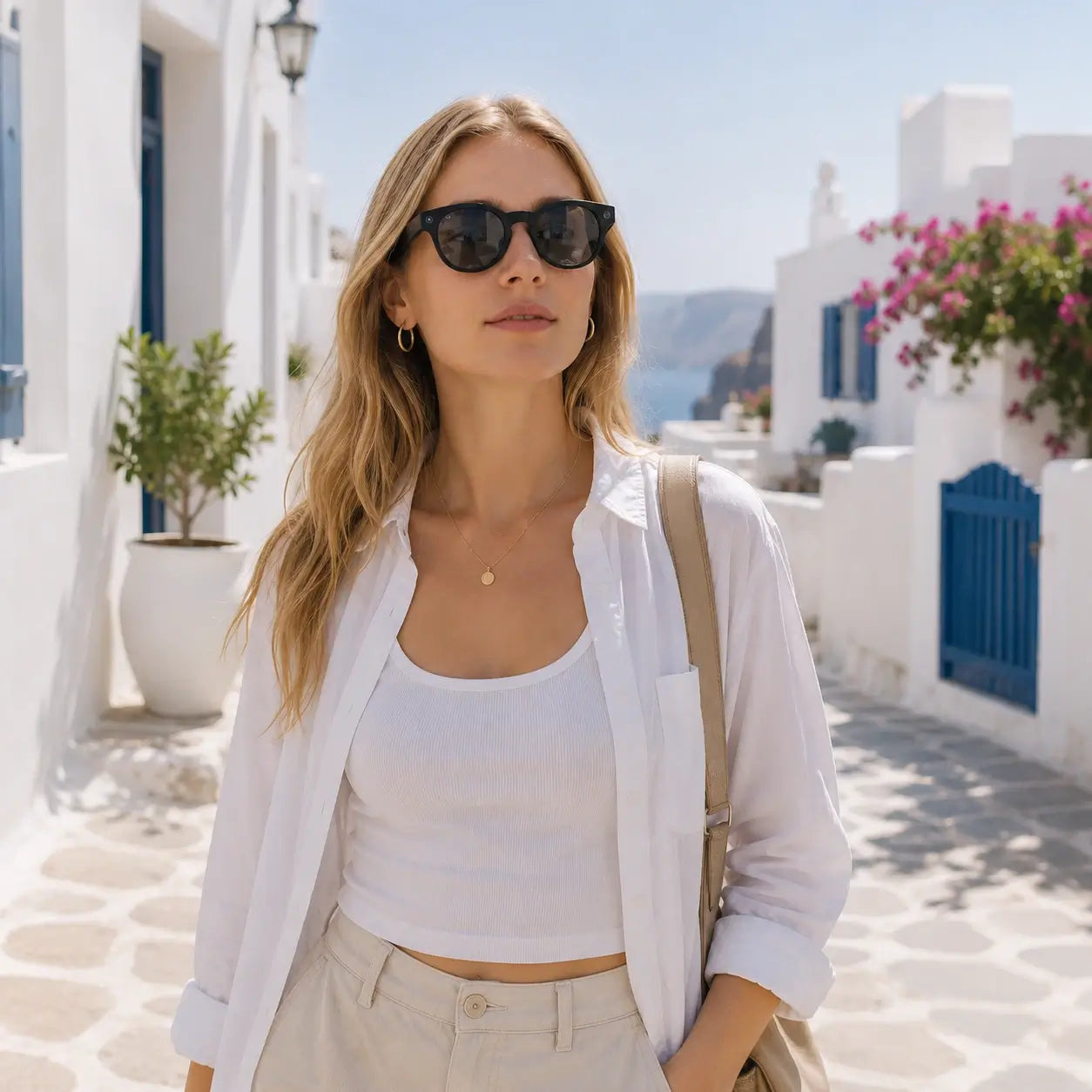 Woman wearing smart glasses while travelling and exploring a sunny destination