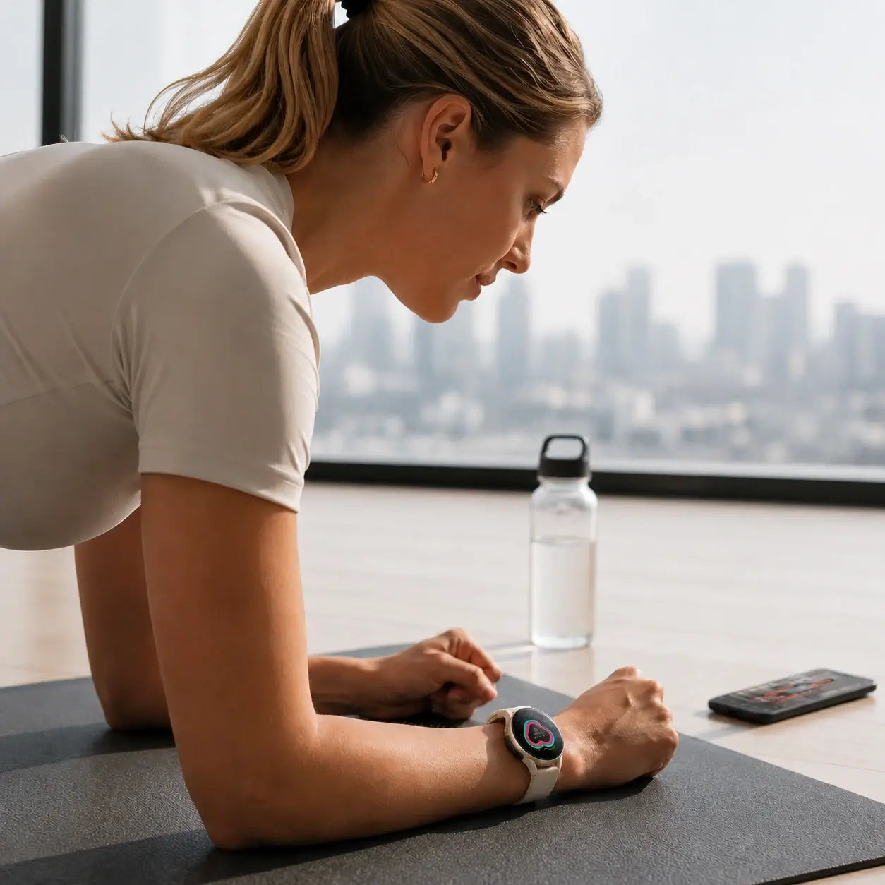 Woman wearing a smart watch while exercising and tracking her daily fitness activity