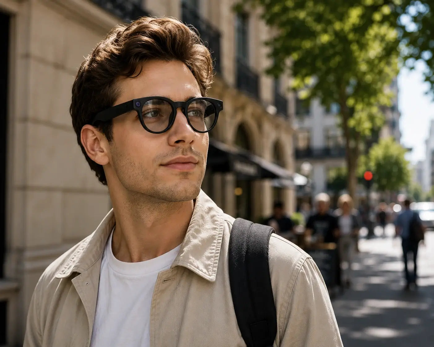 Man wearing CY03 AI Smart Glasses with clear lenses in an everyday urban setting