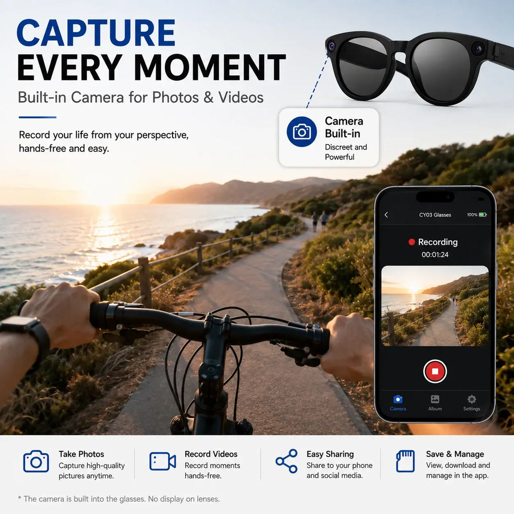 CY03 Smart Glasses with built-in camera for hands-free photos and video recording
