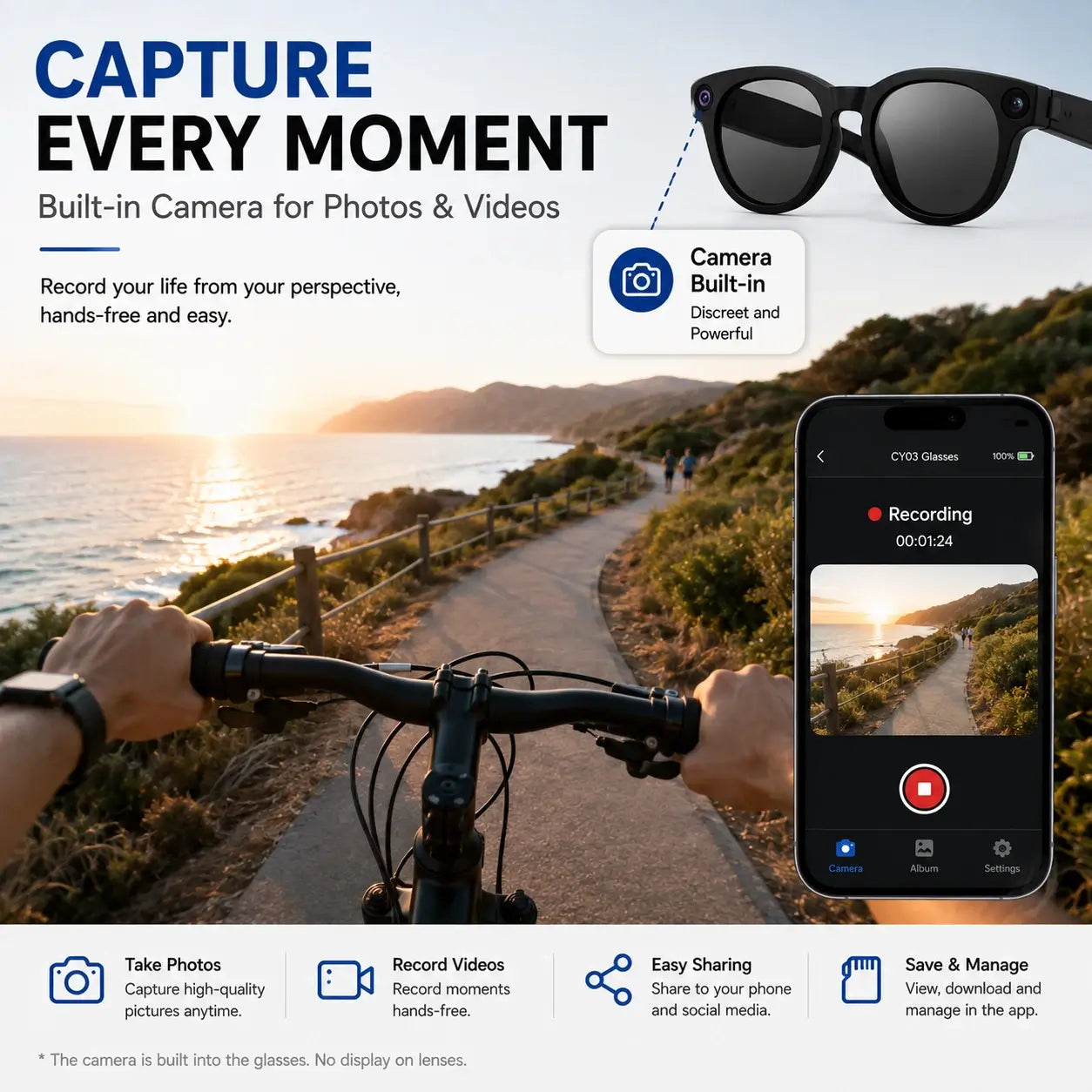CY03 Smart Glasses with built-in camera for hands-free photos and video recording