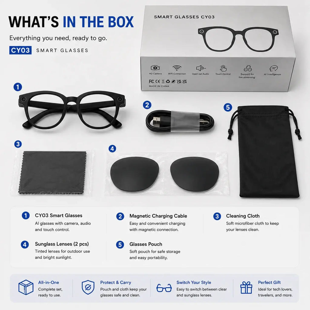 CY03 AI Smart Glasses with charging cable, cleaning cloth, sunglass lenses and protective pouch
