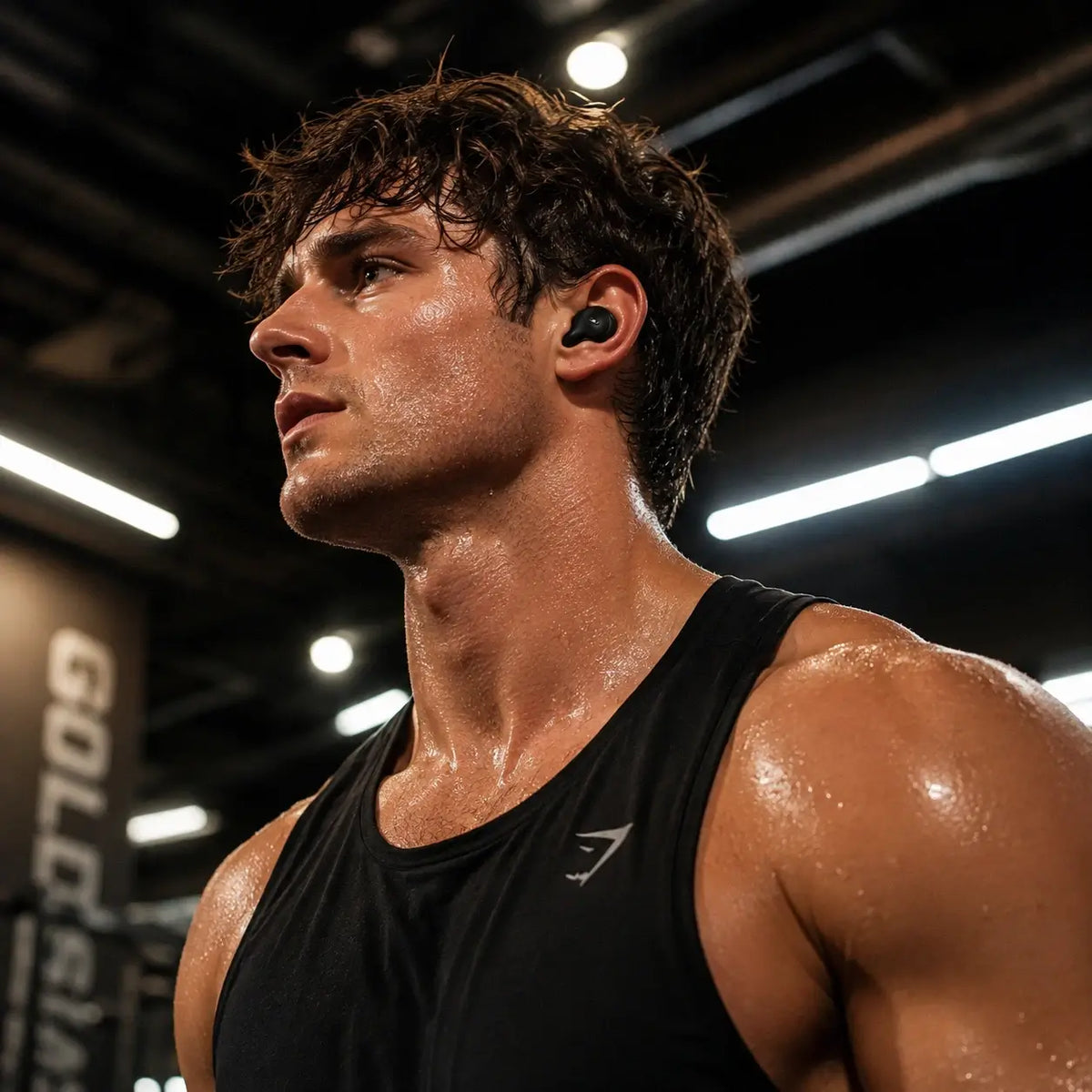Man wearing noise cancelling wireless earbuds during an intense gym workout