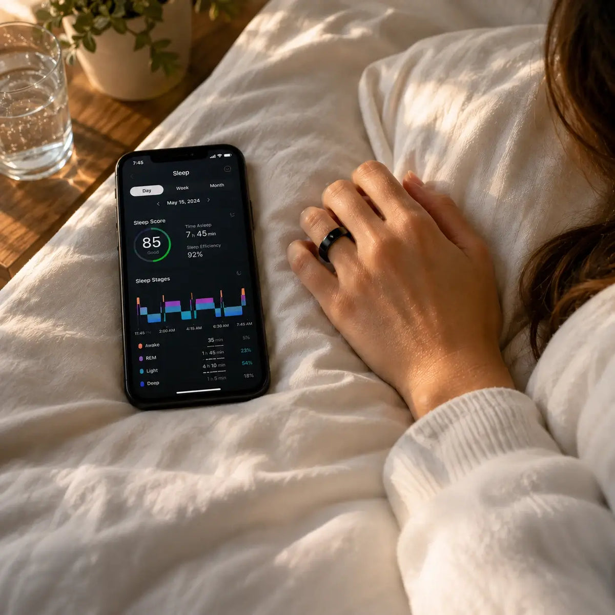 Smart ring tracking sleep with detailed sleep data displayed on a smartphone