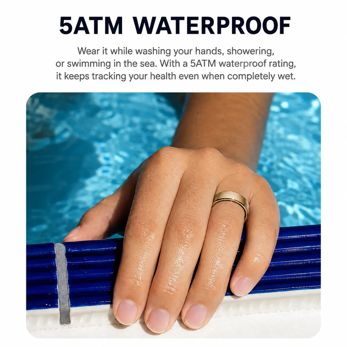 TECHQO Aura Smart Ring worn while swimming with 5ATM water resistance
