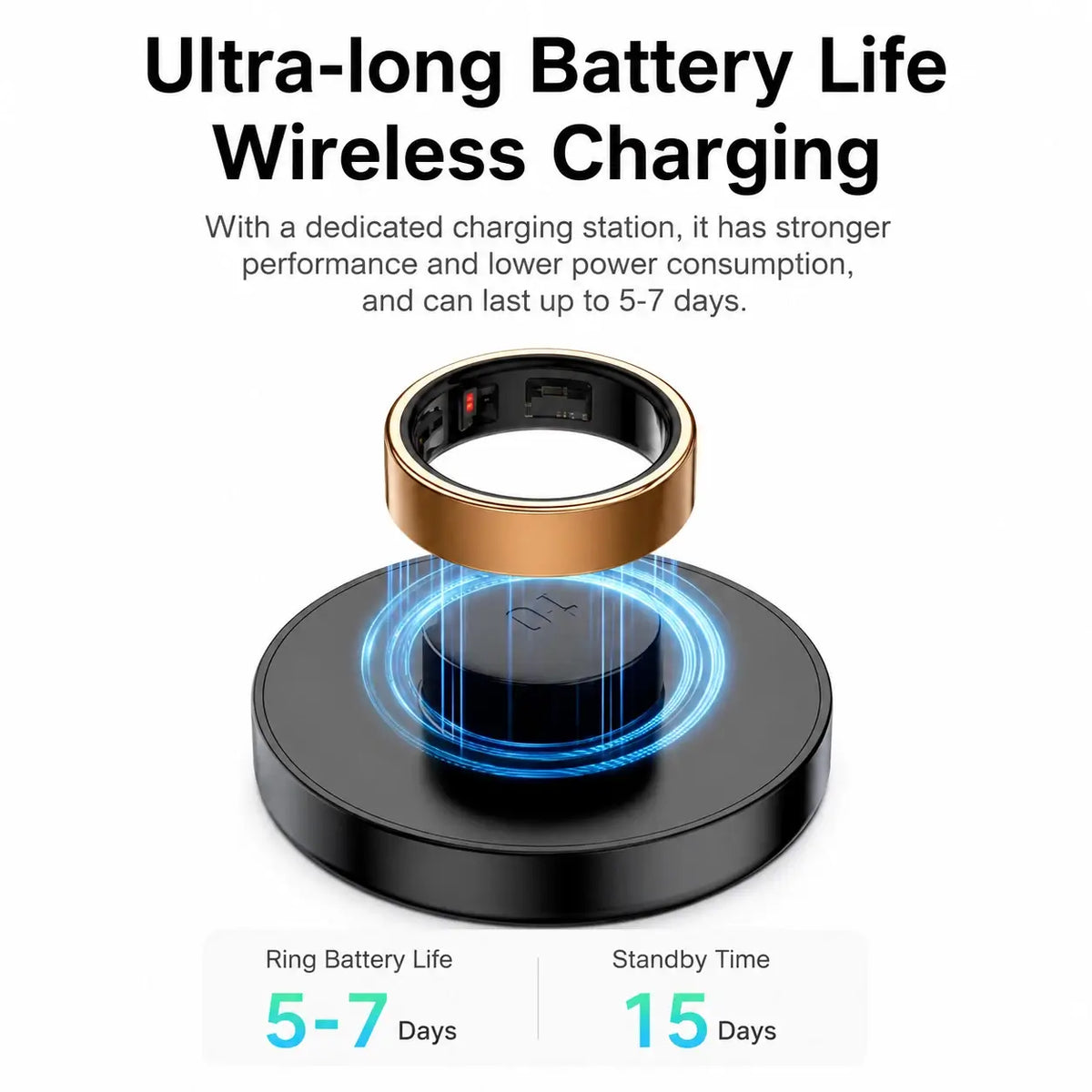 TECHQO Aura Smart Ring with wireless charging and up to 5–7 days of battery life