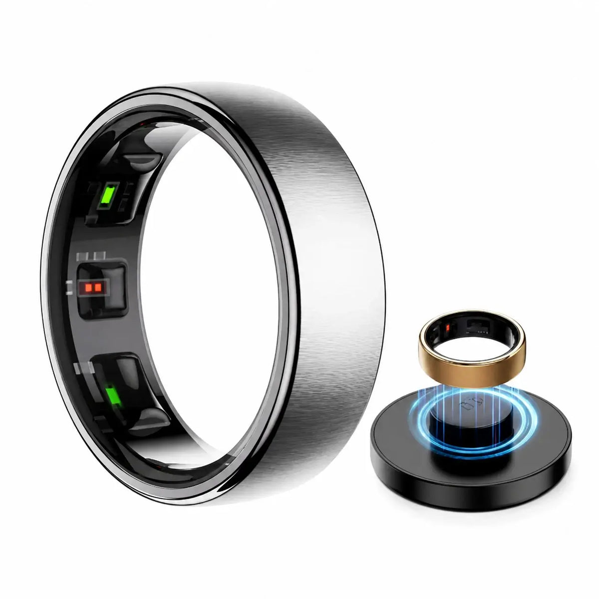 TECHQO Aura Smart Ring with wireless charging dock and built-in wellness tracking sensors