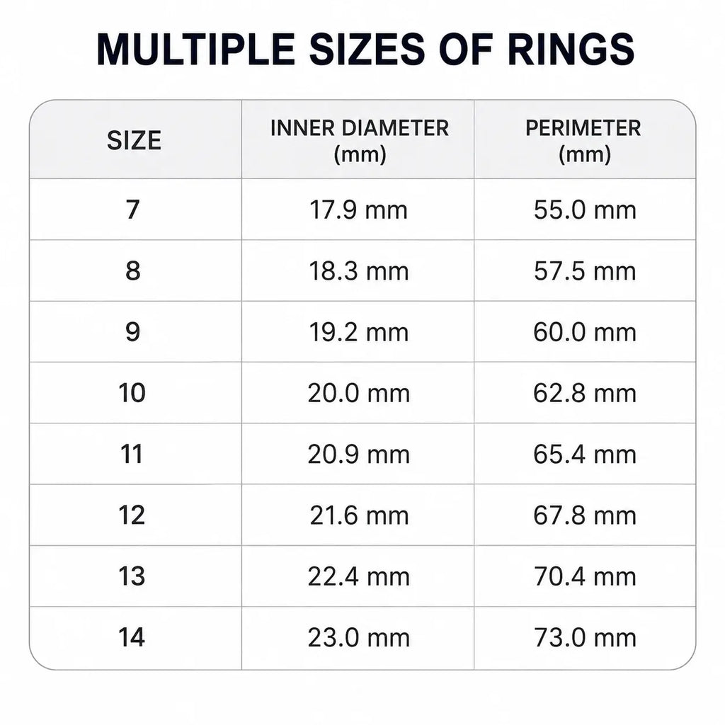 TECHQO Aura Smart Ring size chart showing diameter and circumference measurements for sizes 7 to 14