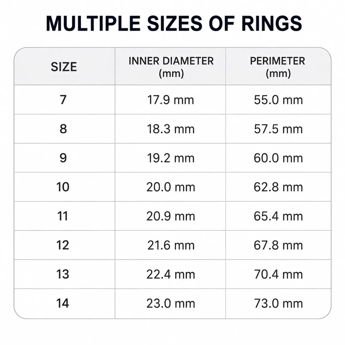TECHQO Aura Smart Ring size chart showing diameter and circumference measurements for sizes 7 to 14