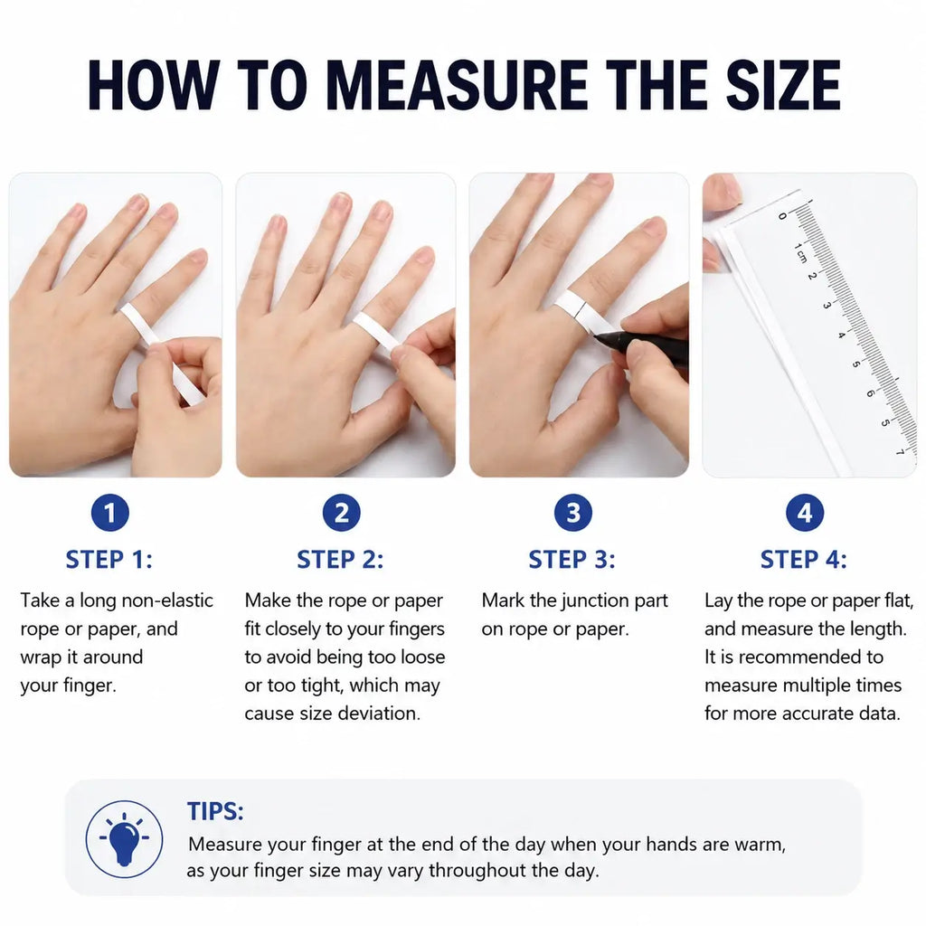 Guide showing how to measure your finger and choose the correct TECHQO Aura Smart Ring size
