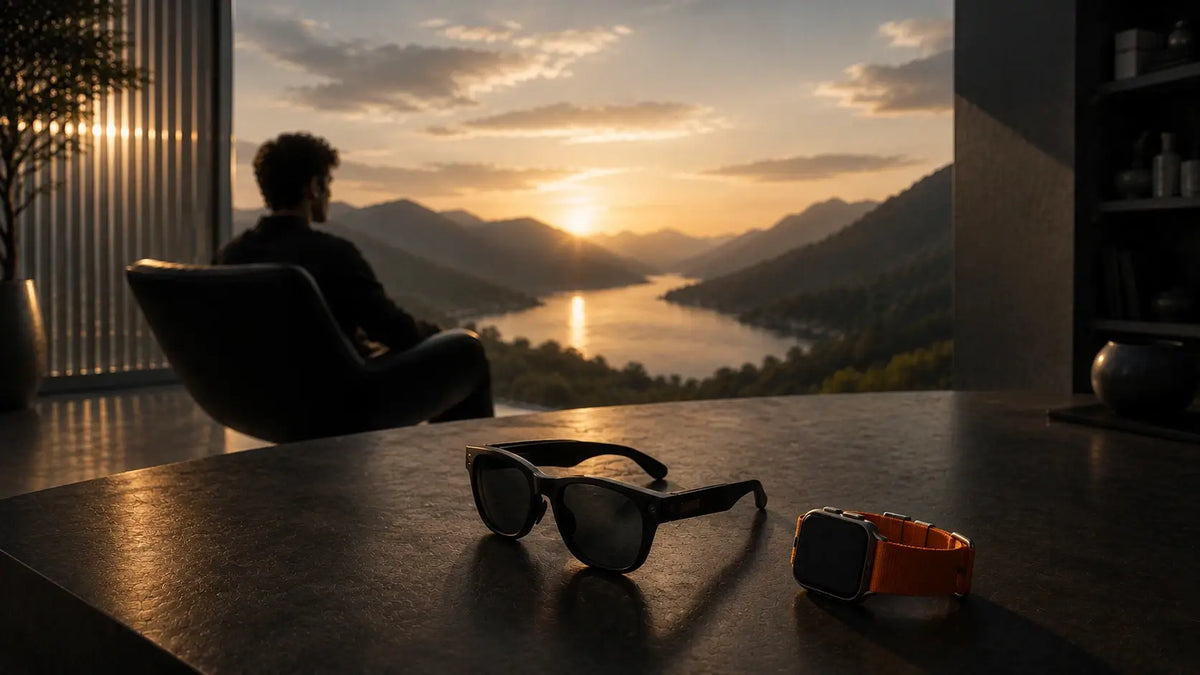 TECHQO smart glasses and smartwatch in a modern lifestyle setting