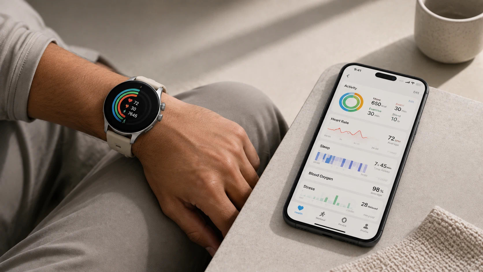 TECHQO smartwatch and mobile app displaying heart rate, sleep, activity, blood oxygen and wellness data