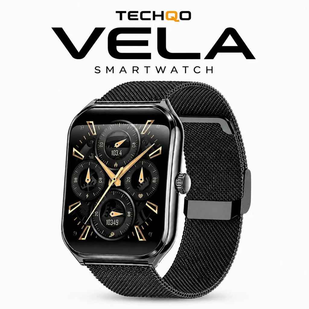 TECHQO Vela smartwatch with black Milanese mesh band and premium AMOLED display