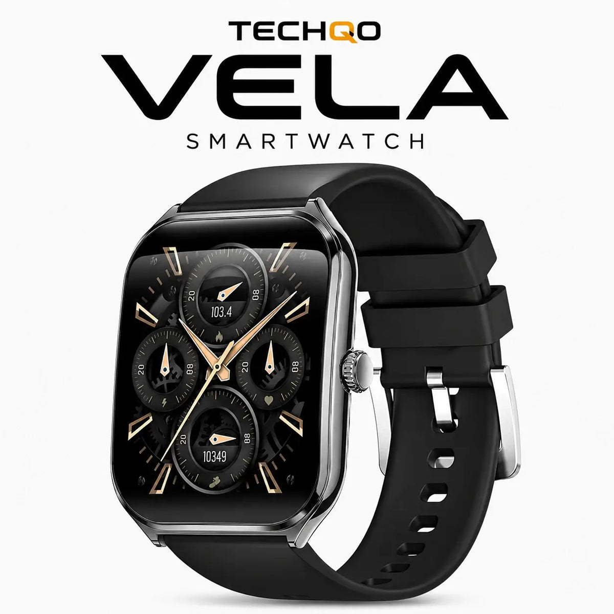 TECHQO Vela smartwatch with black silicone band designed for comfortable everyday and active wear