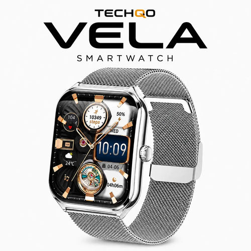 TECHQO Vela smartwatch with silver Milanese mesh band and large AMOLED display