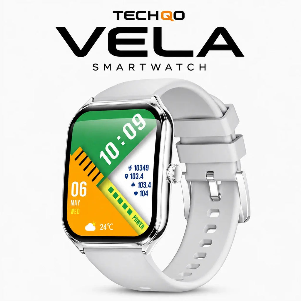 TECHQO Vela smartwatch with white silicone band and bright AMOLED display